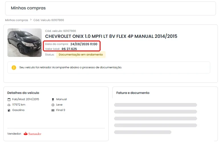 Tela de compra do leilão: Chevrolet Onix 1.0 2014/2015 arrematado em 24/08/2026, valor total de R$ 27.625 destacados em vermelho
